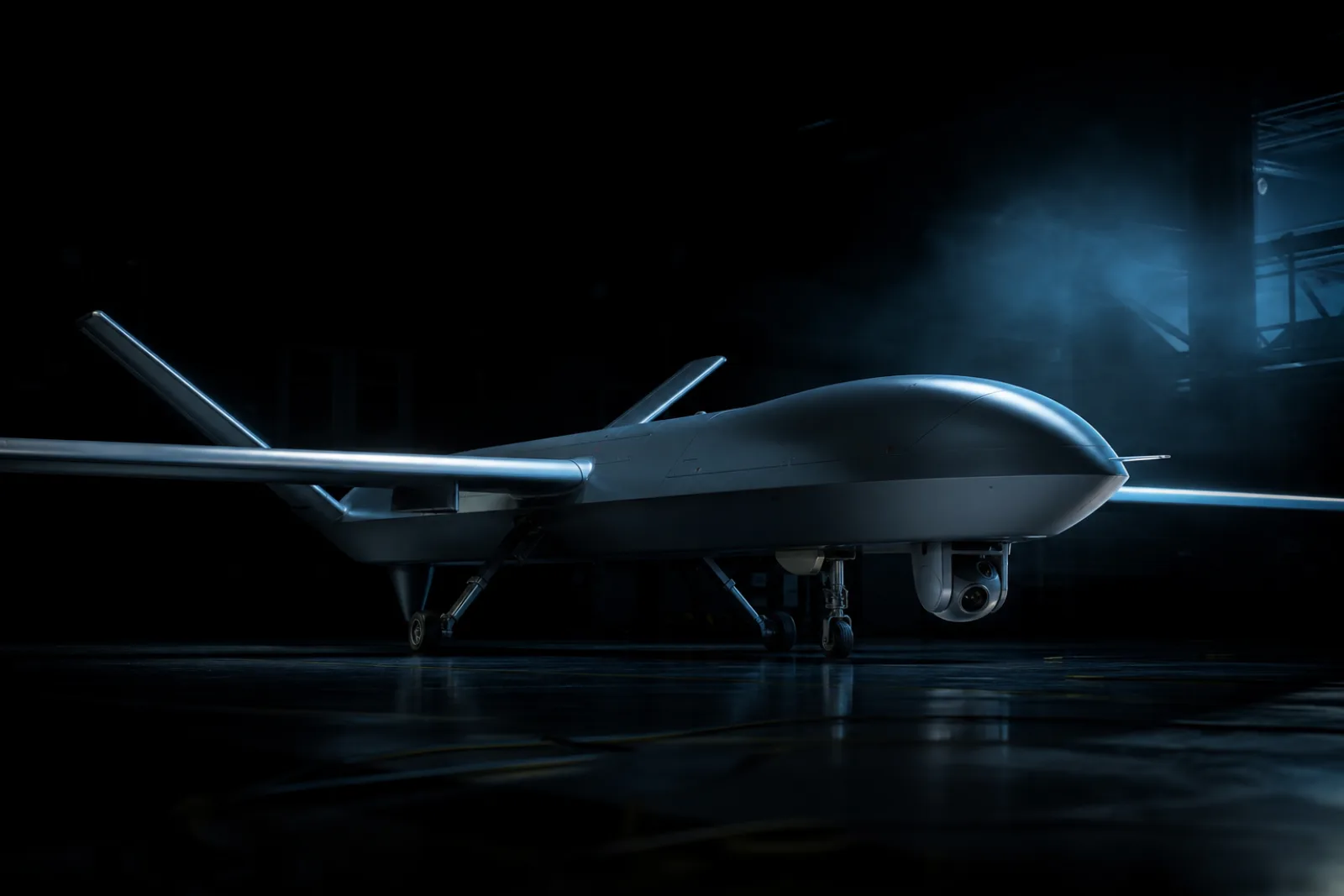An advanced autonomous drone in a dark hangar catching cool rim light