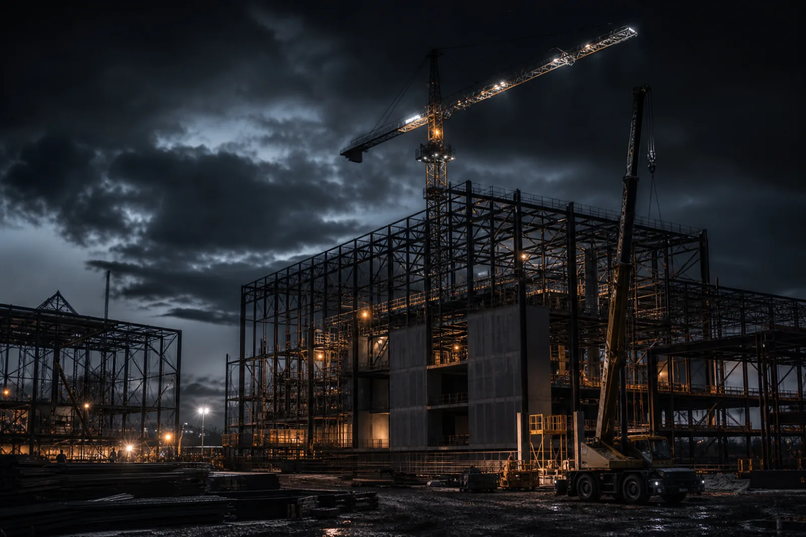 A major construction project at dusk with steel framework and cranes lit dramatically