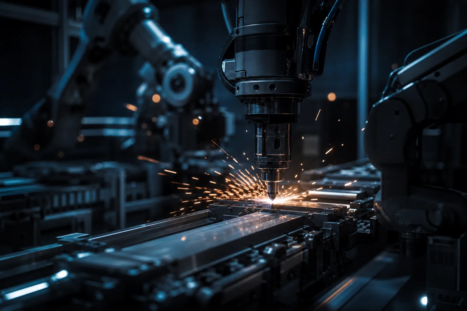 An automated factory production line with robotic arms, sparks and precision tooling