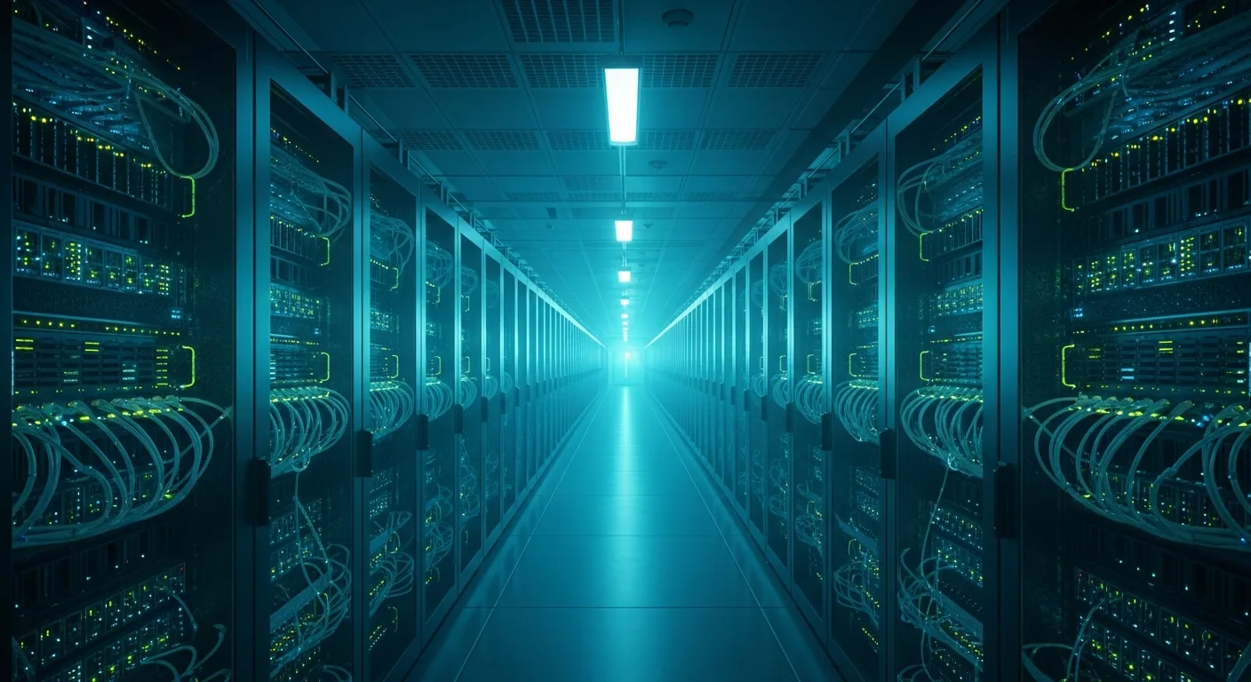 Network and data-centre infrastructure with fibre, server racks and connectivity rendered in cool light
