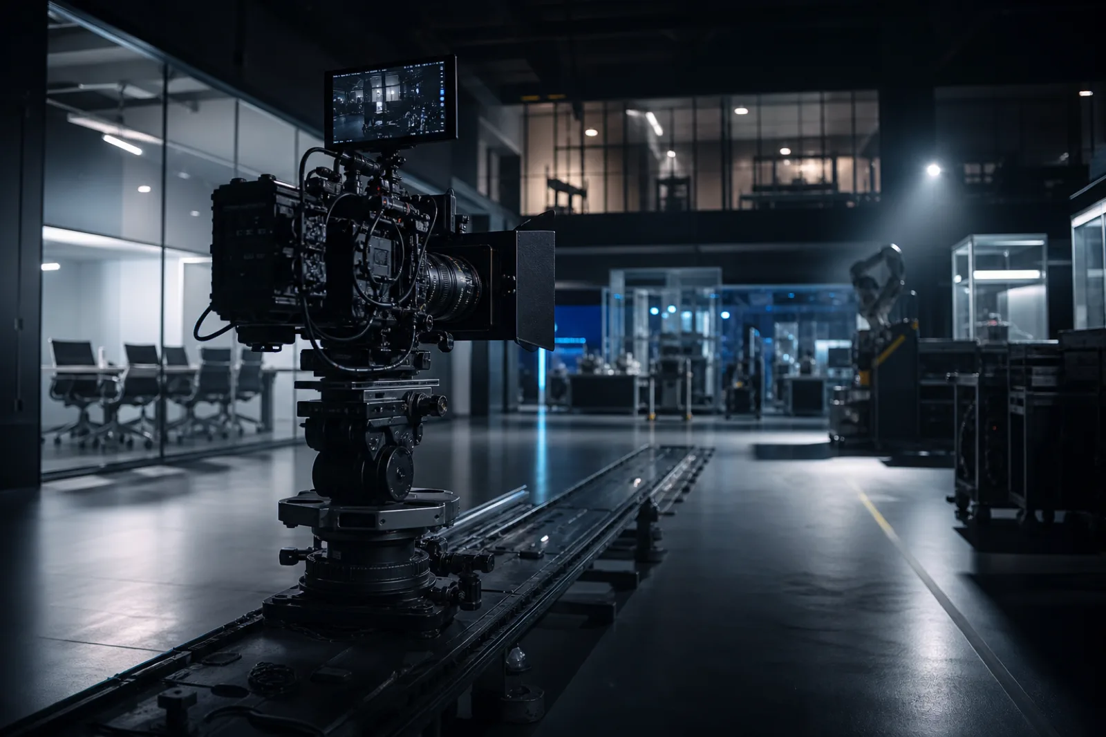 A premium corporate brand film being produced inside a modern industrial technology facility, a cinema camera on a dolly in the foreground with soft volumetric lighting and a blurred executive team behind, a B2B corporate video production scene