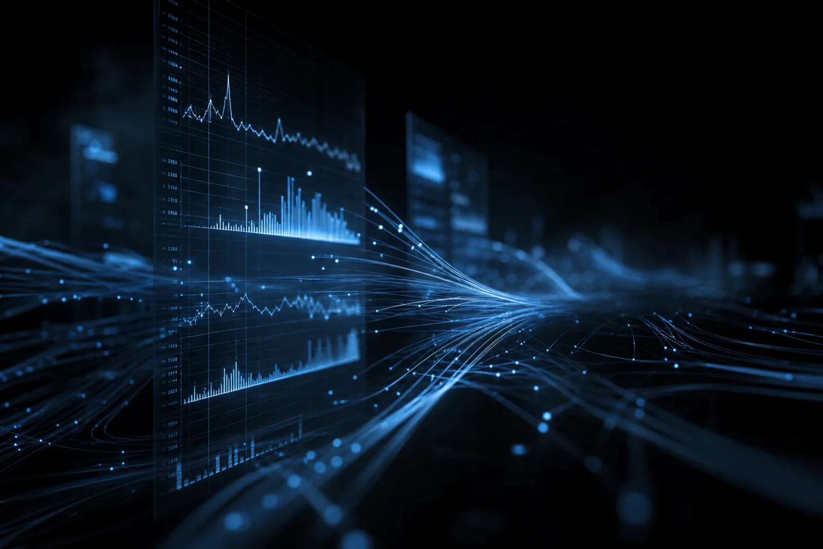 An abstract enterprise software data visualization of flowing blue light streams