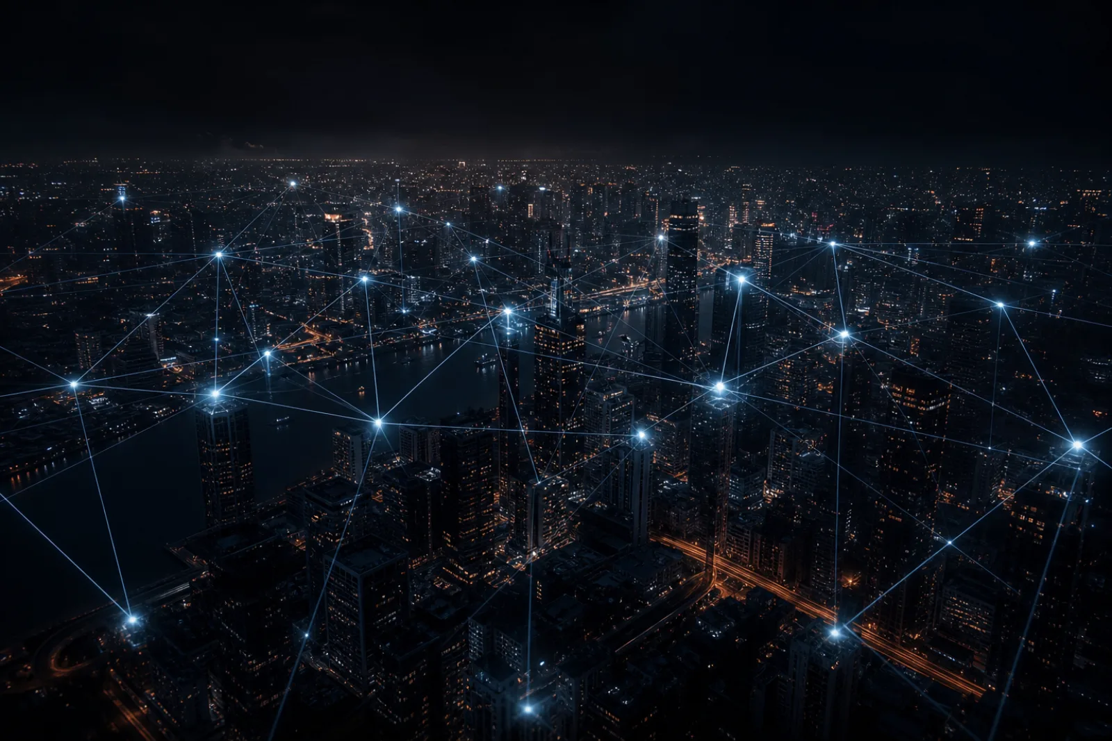 An abstract glowing telecom network of light nodes over a dark city at night