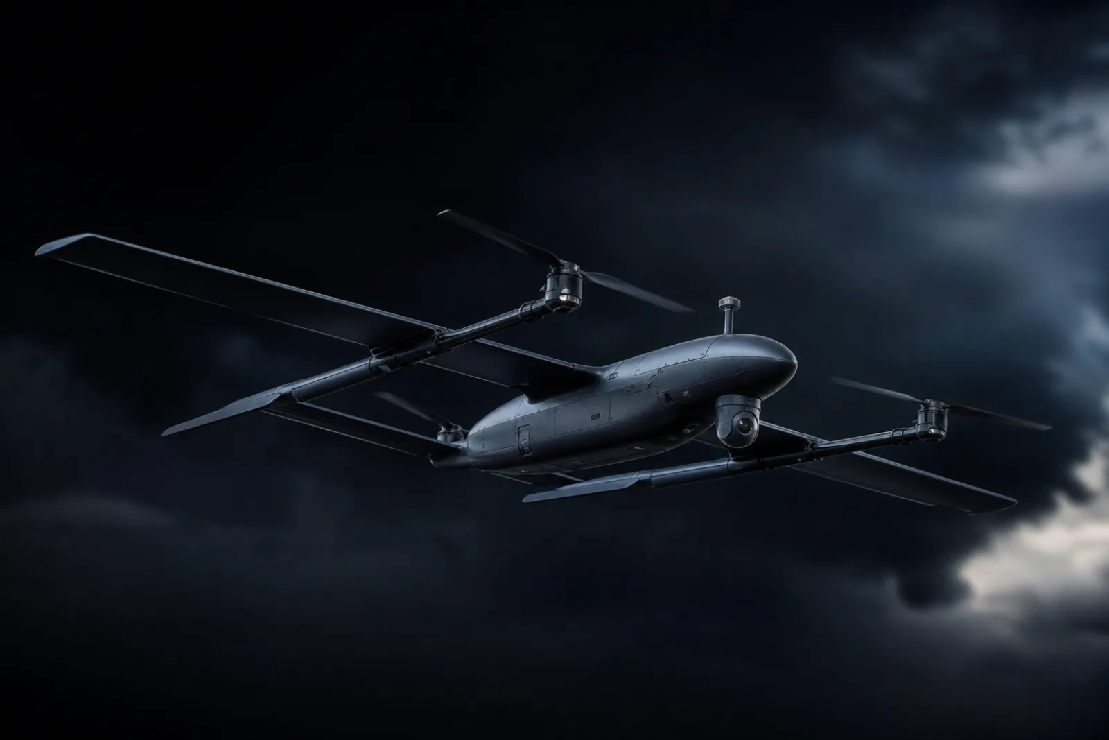A fixed-wing VTOL autonomous drone in flight against a moody dark sky