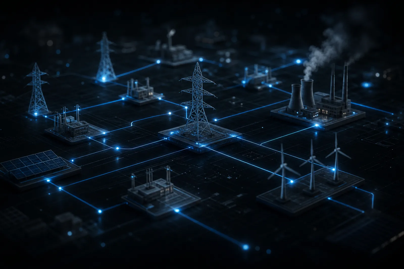 An abstract energy and utility data grid of glowing blue connections