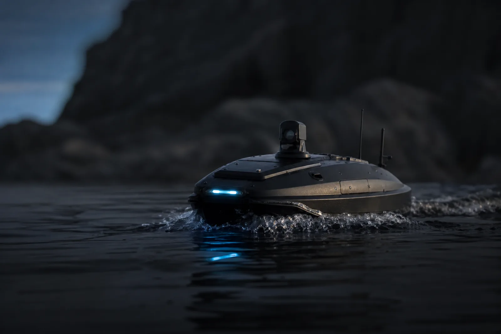 An autonomous water-surface drone on dark water at dusk